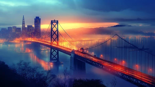 Bay bridge urban skyline at dusk with illuminated traffic.