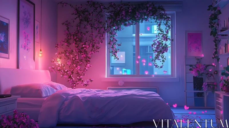 Romantic neon-lit bedroom with blooming window garden.