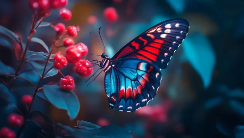 Vivid blue and red butterfly resting on red garden berries.