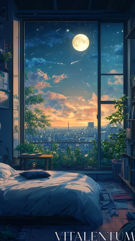 Moonlit city bedroom overlooks glowing twilight skyline