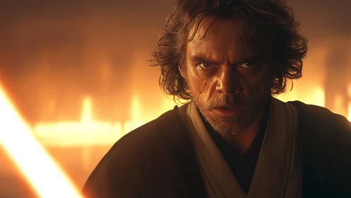 Cinematic close-up of warrior with glowing blade and fiery bokeh