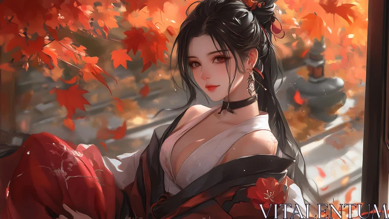 Female figure in hanfu amid orange autumn maple leaves.