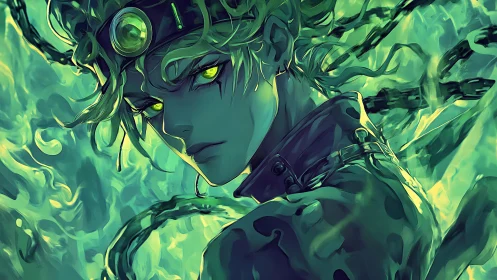 Neon-eyed warrior in swirling chains and toxic green flames.