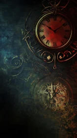 Steampunk pocket watch with dual clock faces on textured patina