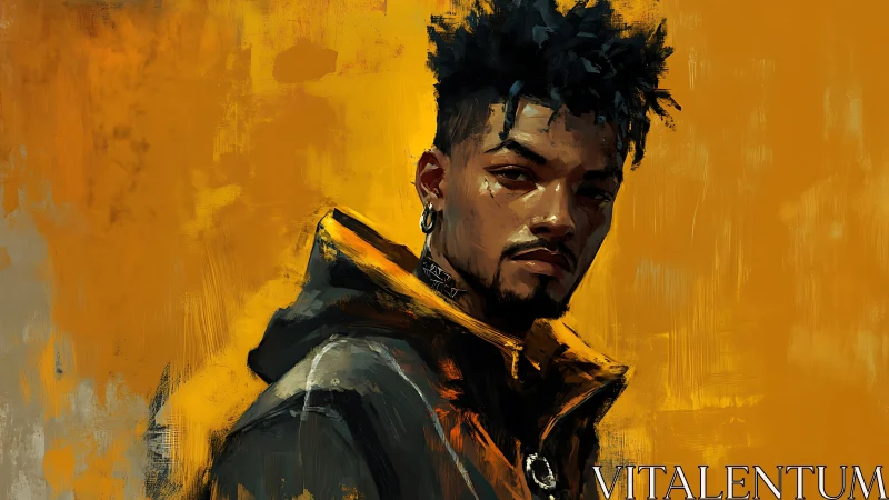 Digital portrait depicts a man in jacket against orange field