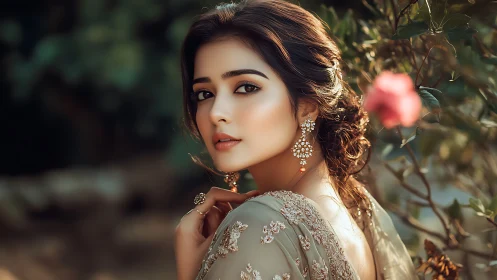 Soft-focus portrait with shallow depth and ornate embroidered attire