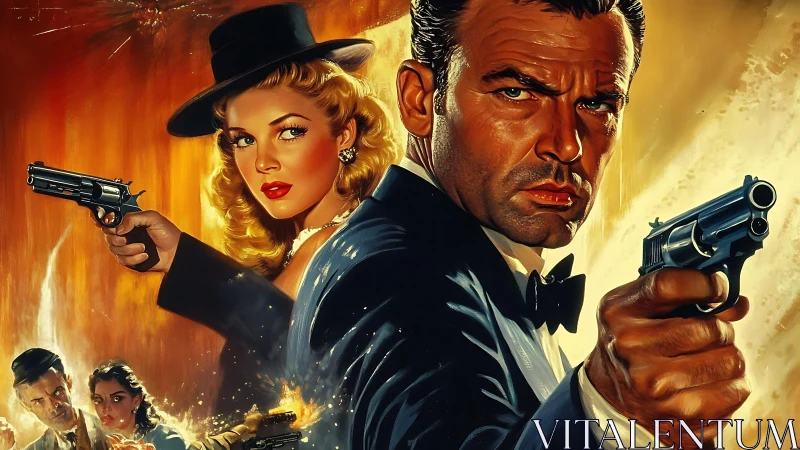 Neo-noir gun duel portrait renders high-gloss cinematic tension