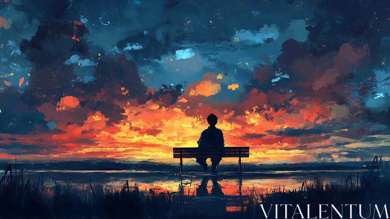 Solitary figure observes a vivid painterly sunset horizon