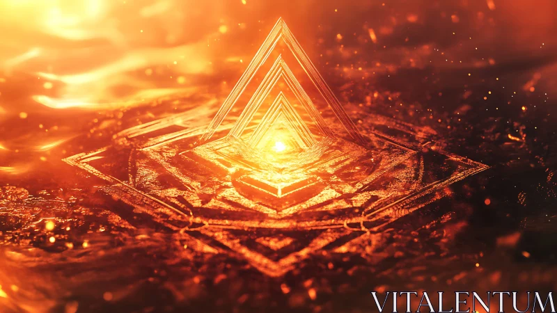 Glowing Pyramid Structure Against Fiery Golden Background.