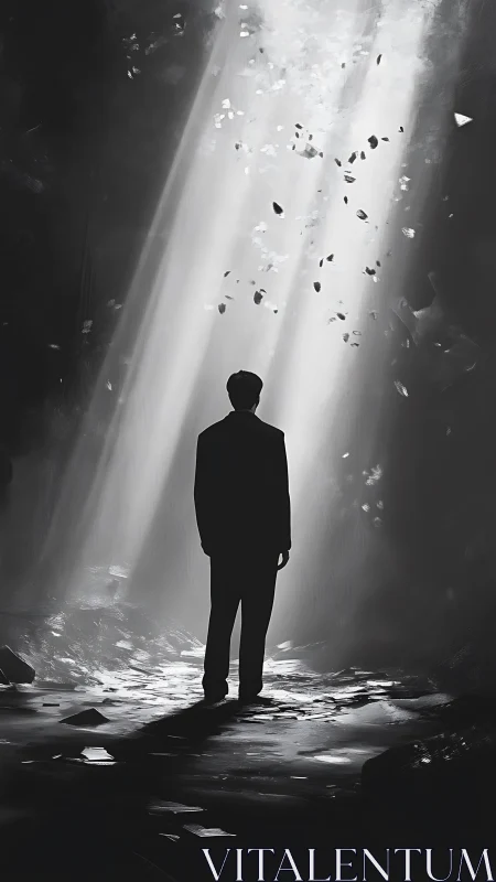 Silhouetted man under harsh light in dark abstract space.