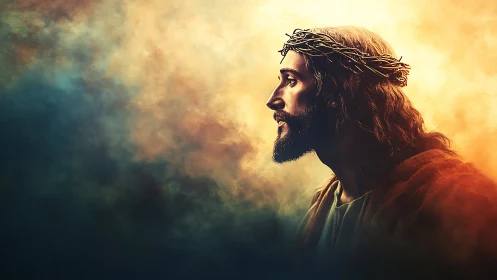 Crowned figure in holy light amid swirling celestial haze.