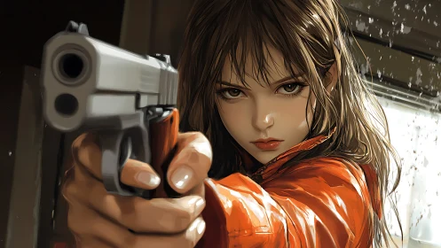 Anime heroine aims pistol in tense closeup portrait.