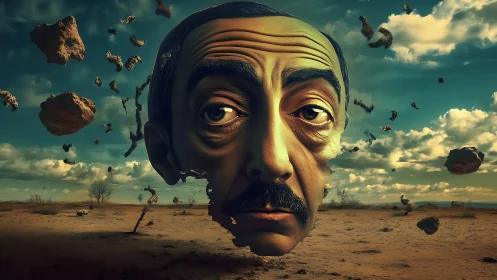 Desert daydream with a drifting, thoughtful surreal face.