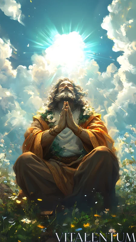 Digital painting of meditative sage beneath radiant sky portal.