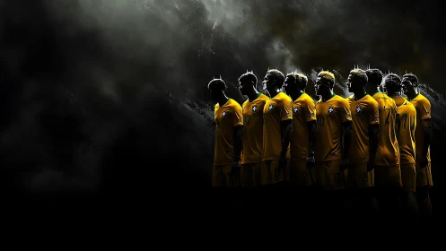 Football team lineup emerges from dark smoky background