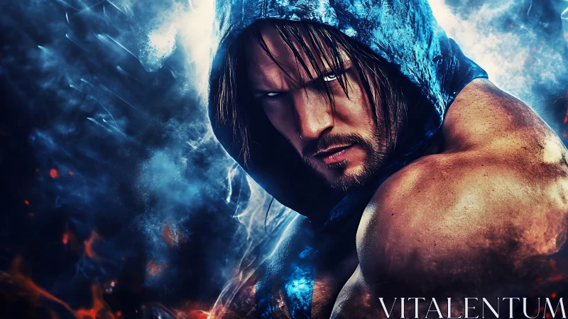 Brooding hooded warrior amid electric blue firestorm.
