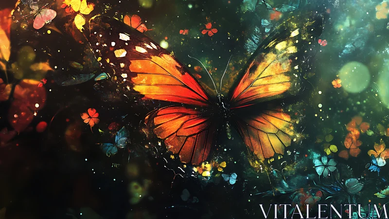 Radiant monarch butterfly glows amid dreamy floral sparks.