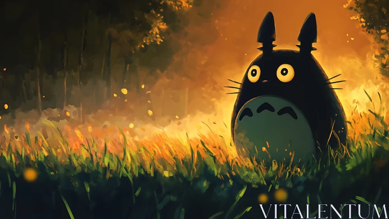 Forest spirit character in glowing sunset field scene.