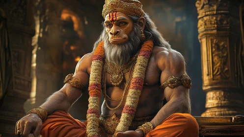 Divine monkey warrior rests in molten-gold temple silence