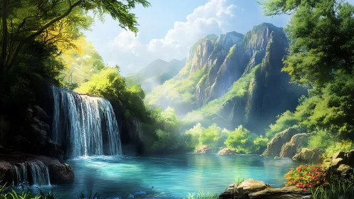 Sunlit waterfall oasis welcomes quiet moments of gentle peace
