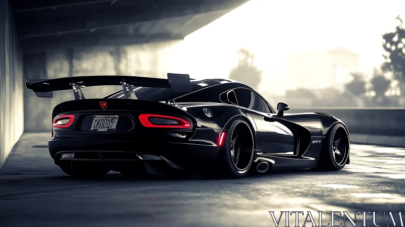 Aerodynamic black track-spec supercar under concrete overpass.