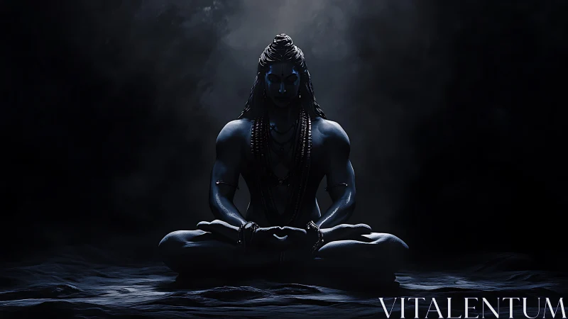 Midnight blue ascetic carves stillness from swirling shadow