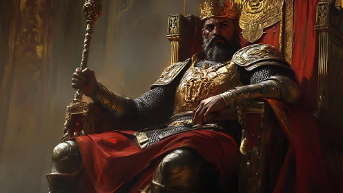 Regal warrior king seated on ornate golden throne.