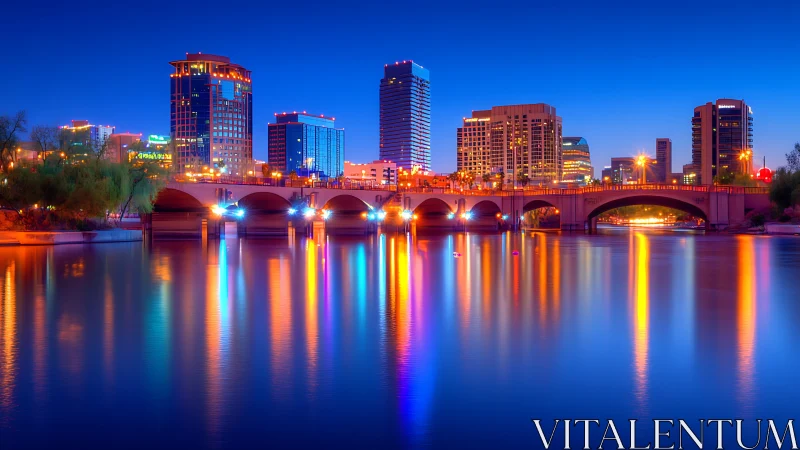 Neon river reflections beneath a sapphire city bridge night.