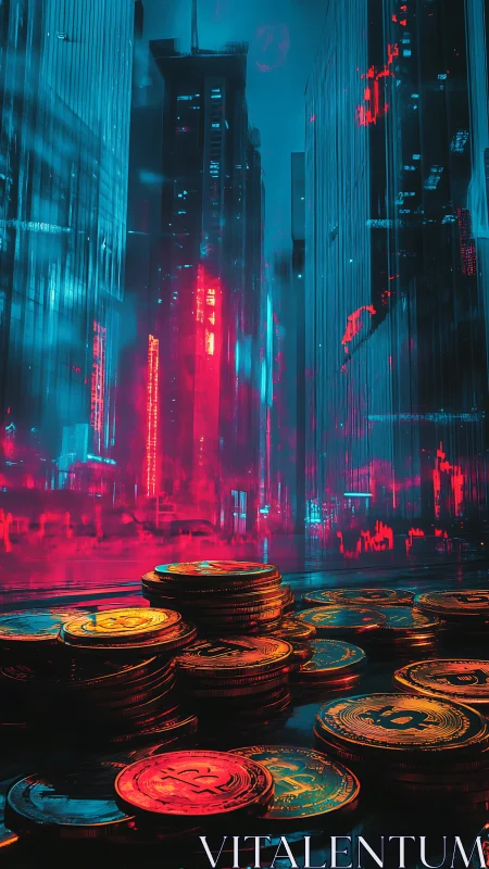 Stacks of digital coins before neon city skyline at night.