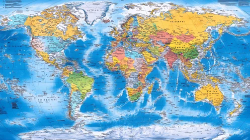 Political world map with vivid country color separation.