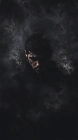 Low-key portrait isolates male subject in dark textured particulate field