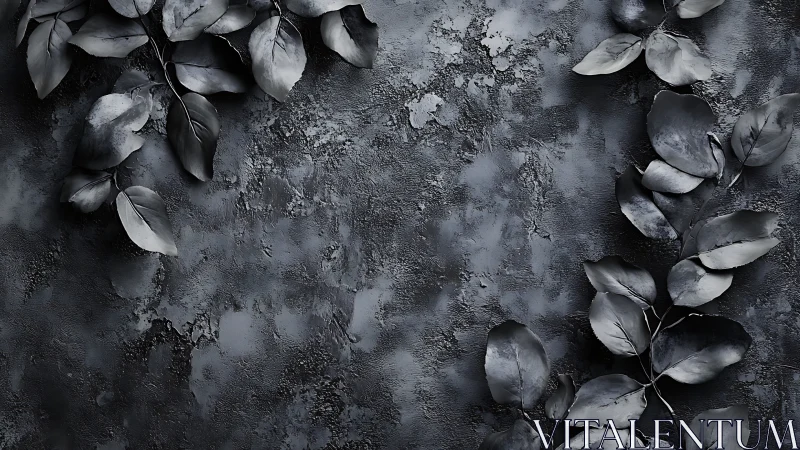 Monochrome foliage lies against textured concrete wall