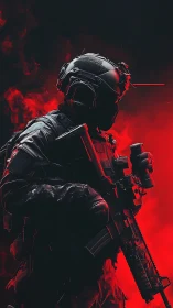 Tactical operator silhouette in red-contrast digital painting.