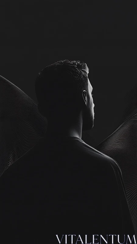 Backlit male silhouette with abstract wave contours in darkness