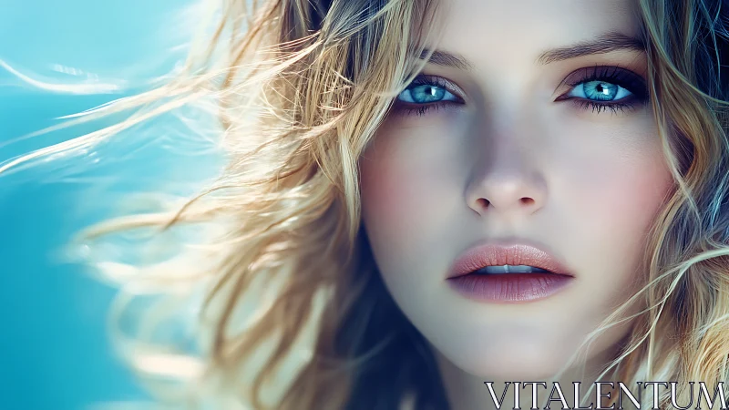 Hyperreal close-up portrait with teal eyes and soft bokeh glow