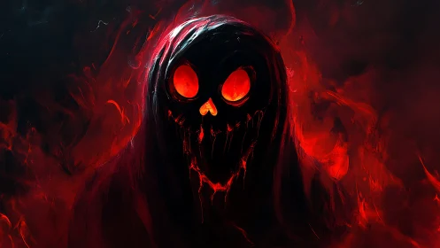 Infernal hooded specter with molten eyes in scarlet haze.