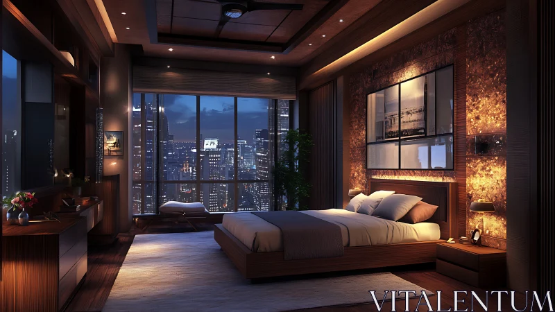 Luxury penthouse bedroom overlooks illuminated city skyline