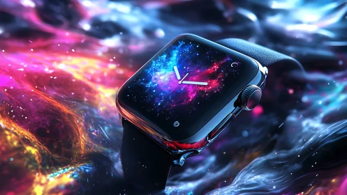 Smartwatch closeup with nebula dial over fluid light surface