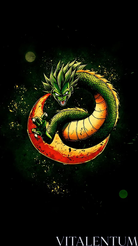 Coiled green dragon encircles red crescent with splatter lighting effects