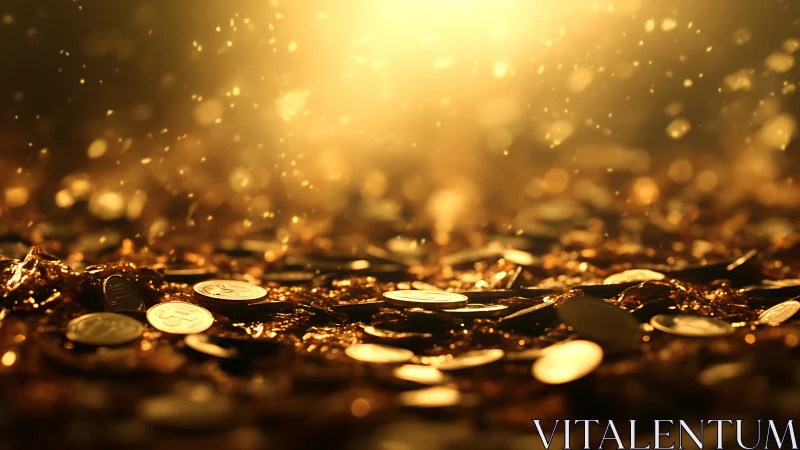 Golden coins shimmer under radiant light in a glowing haze