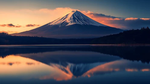 Symmetrical Mount Fuji at dusk with high dynamic range reflection