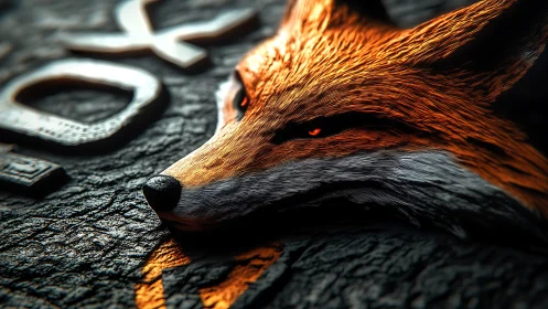 3D fox emblem with fiery fur detail on dark textured slab.