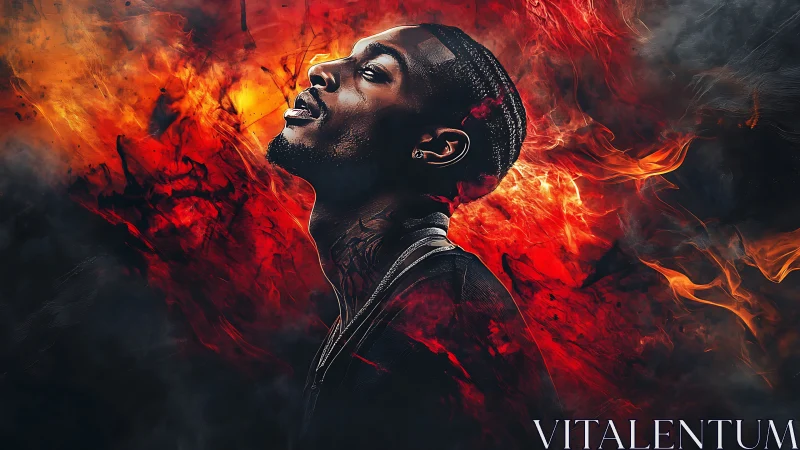 Portrait of a man rising through blazing red and orange fire