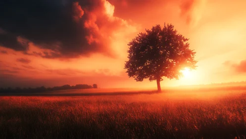 Solitary tree crowned in blazing horizon firelight glow.