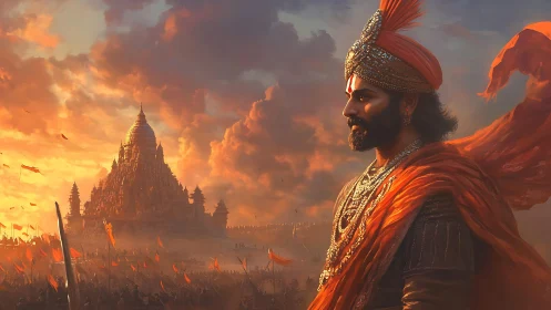 Warrior in ornate turban overlooks temple at sunset battlefield