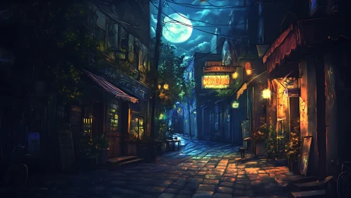 Moonlit alleyway shows glowing shopfronts and wet cobblestones