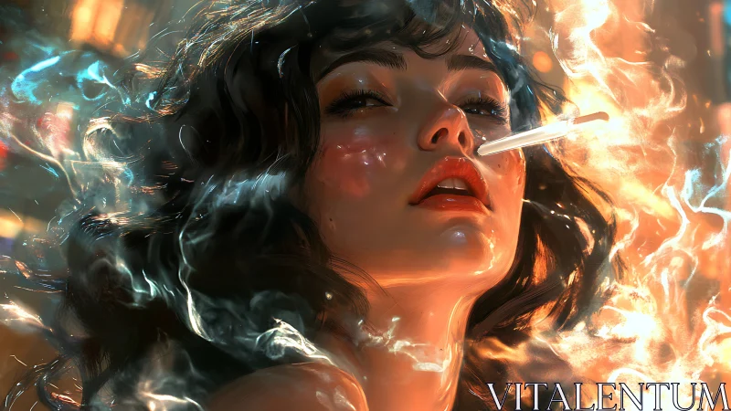 Luminous close-up portrait with volumetric smoke and embers.