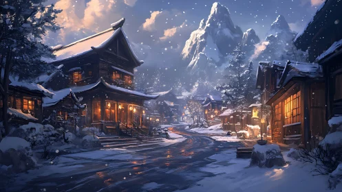 Snowy mountain village glows with warm lantern light.