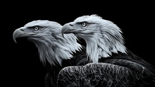 Two Bald Eagles in Dramatic Black and White Digital Art.