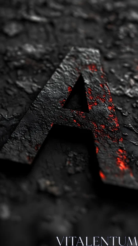 Molten textured letter A carved in black volcanic stone.